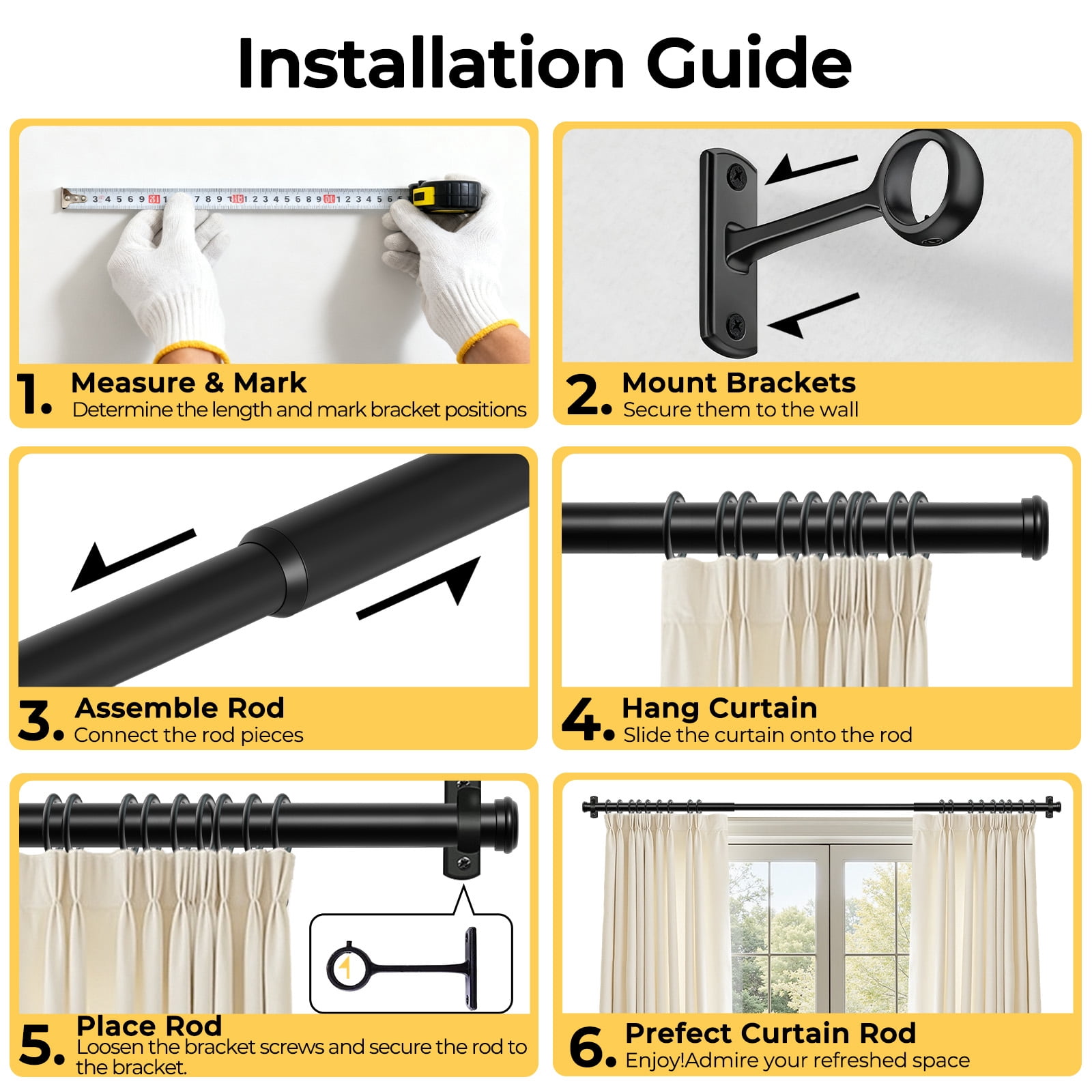 1" Rust-Resistant Curtain Rod,Black Curtain Rods for Windows 72" to 144", End Indoor/Outdoor Single Curtain Rod