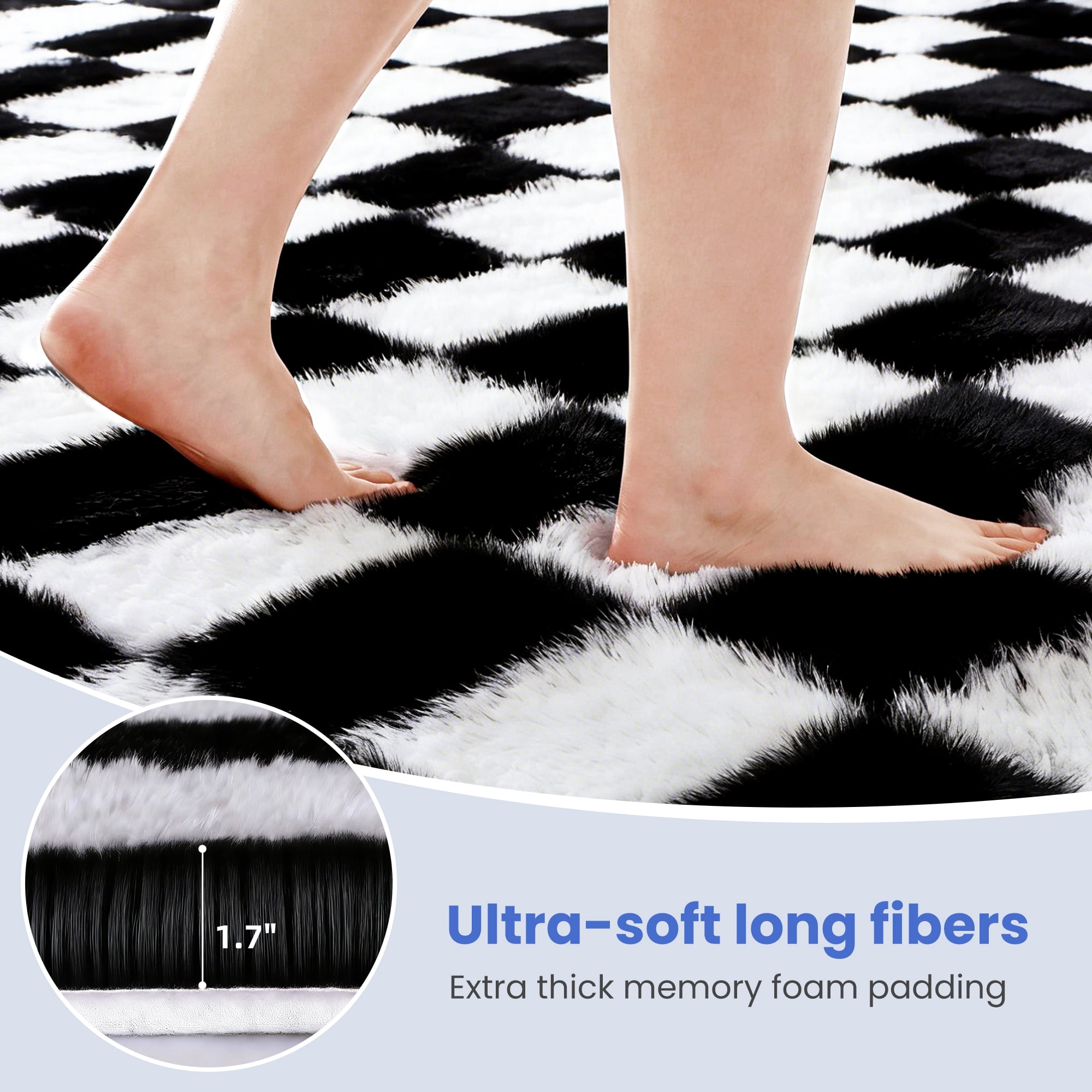 CozyDesg Shag Area Rugs,5'x8' Soft Fluffy Floor Rugs Checkered Carpet，Washable Area Rugs for Living Room Bedroom Decor,Black & White