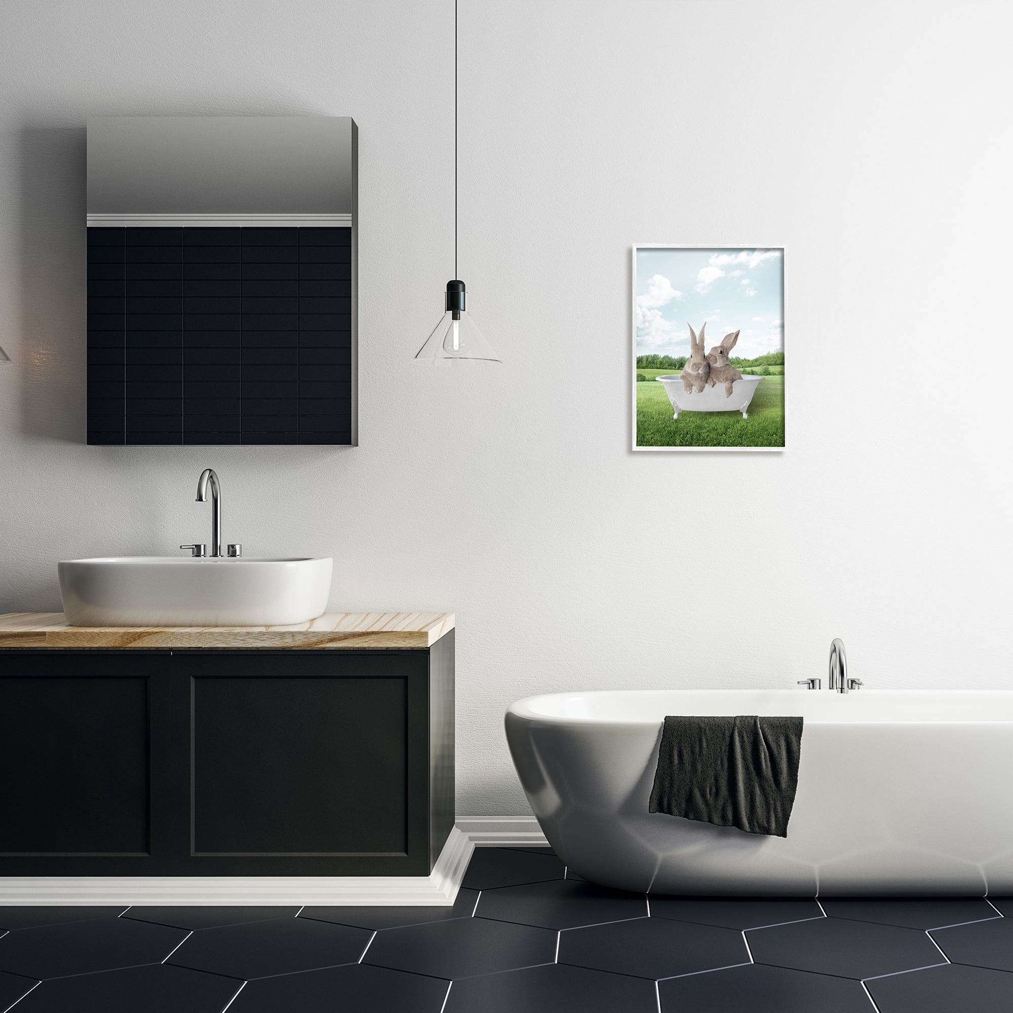 Stupell Industries Bunnies in Tub Landscape Nature Painting White Framed Art Print Wall Art, 16 x 20
