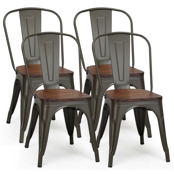 Pemberly Row Set of 4 Style Metal Dining Side Chair Wood Seat Stackable Gray