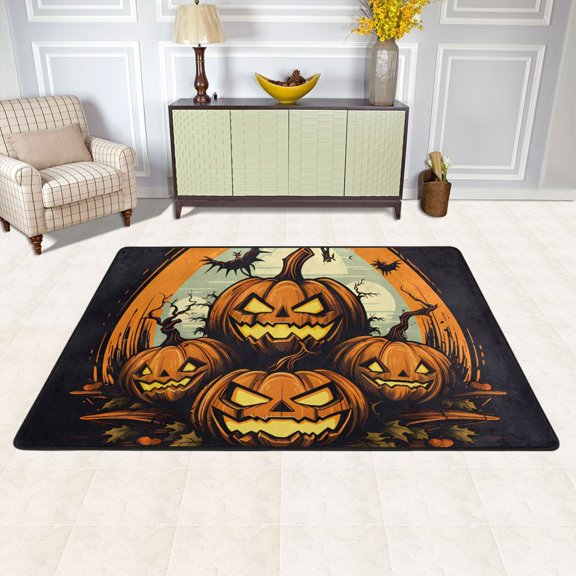 Area Floor Mats Bats and Pumpkins on Halloween Large Nursery Rugs Non-Slip Living Room Carpets Bedroom Doormat for Dinning Decor 36" x 24"