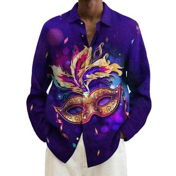 Hpapadks Mens Casual Shirts Casual Long Sleeve Fall Winter Carnival 3D Print Buckle Lapel Tops Loose Dress Shirts for Men Dark Blue L