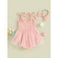 thumbnail image 4 of Bslissey Infant Baby Girls Summer Sleeveless Romper Dress Letter Tie Up Strap Tulle Patchwork Pleated Bodysuit with Headband Newborn Sweet Birthday Outfit 3M 6M 9M 12M 18M, 4 of 9