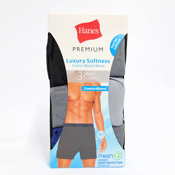 Brand New Hanes Premium Men/'s  3 Tagless Luxury Softness Boxers Fresh IQ Large