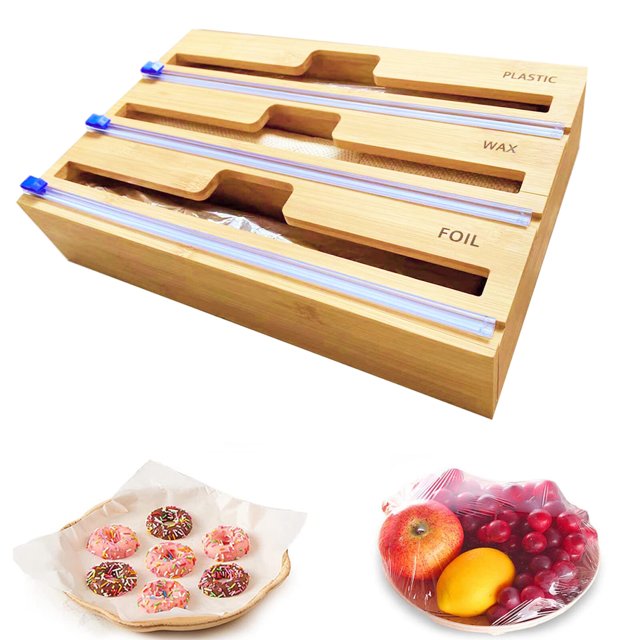 Tignapoo Eco-Friendly Bamboo Wrap Dispenser with Dual Cutter for Aluminum Foil, Parchment, and Ziplock Bags – Compact Kitchen Organizer, 3-in-1 Design, Easy to Clean, Durable and Waterproof