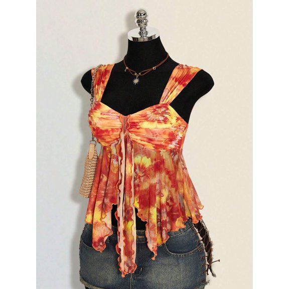 Orange Tie-Front Ruched Peplum Mesh Hem Asymmetrical Tank Top For Women