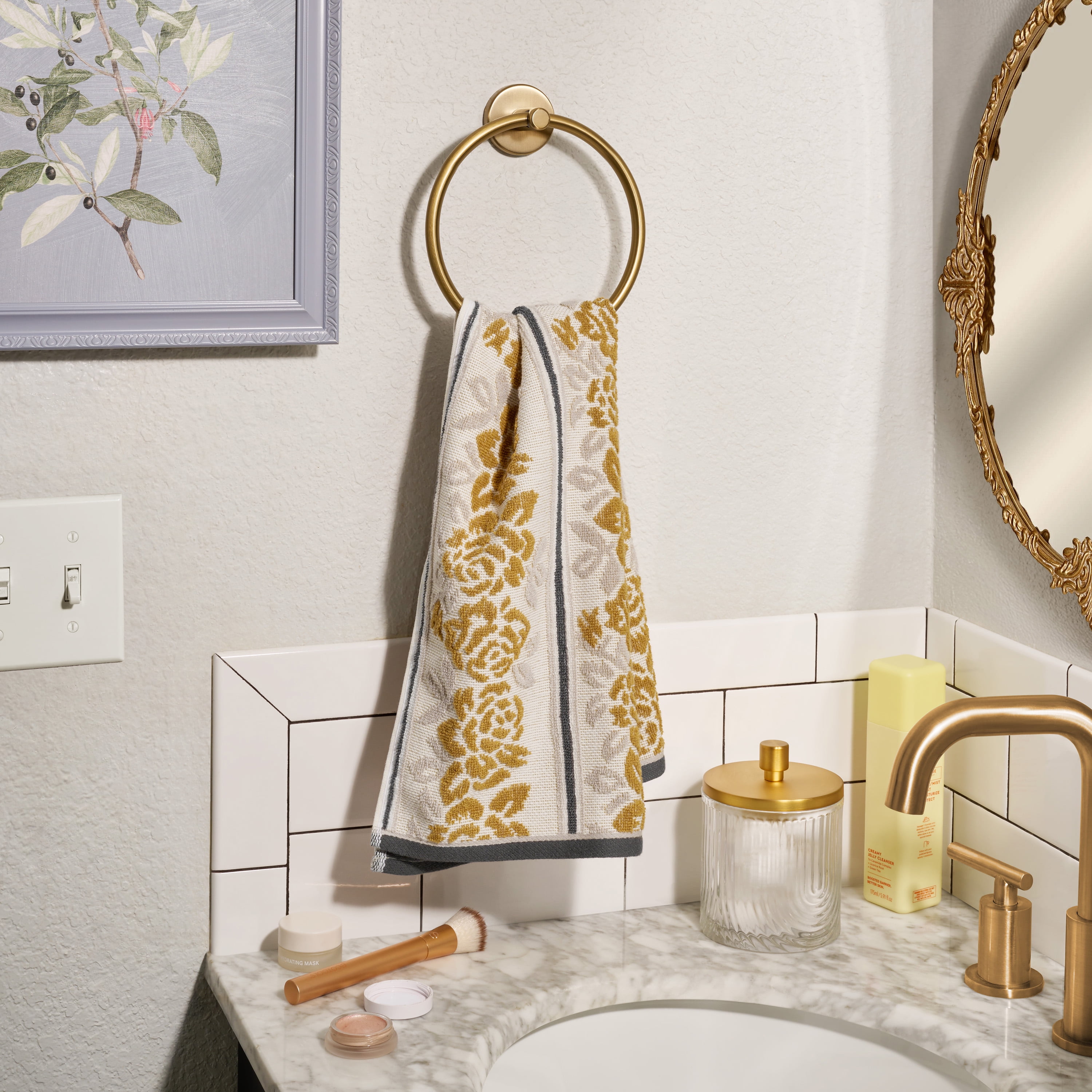 Beautiful by Drew Barrymore Wallpaper Hand Towel, Soft 100% Cotton, Amber Yellow