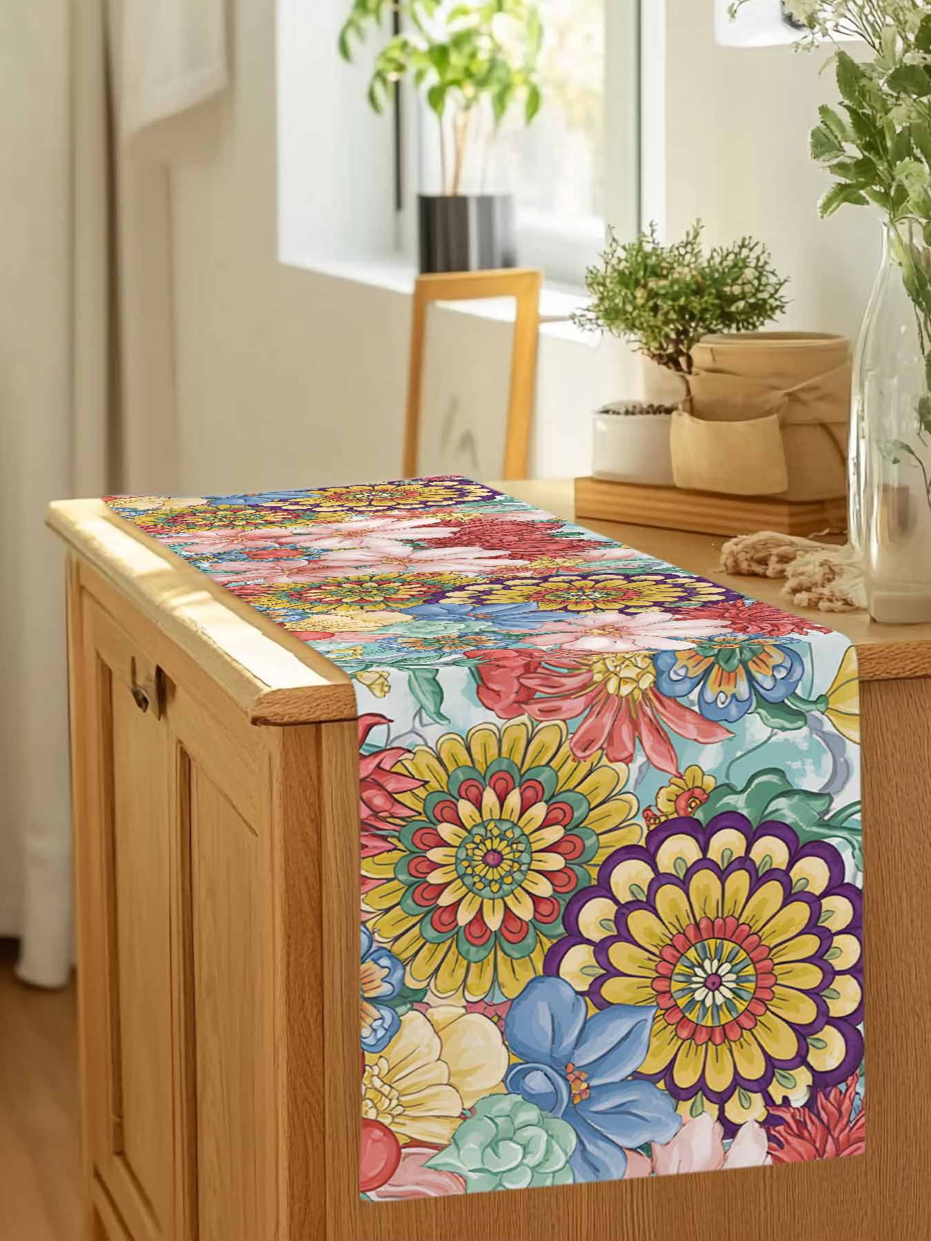 Retro Bohemian Flowers Table Runner 90 Inches Long, Country Floral Art Table Runners Tabletop Scarf Kitchen Dining Tables Decoration for Home Party Indoor Outdoor