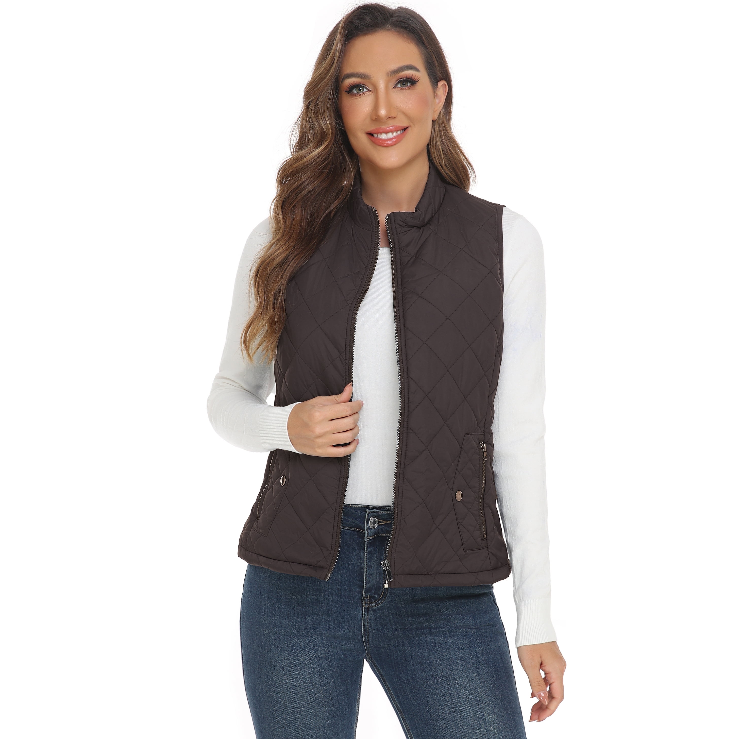 LK women's vest - Stand Collar Lightweight Padded Gilet for Women (Brown-XXL)