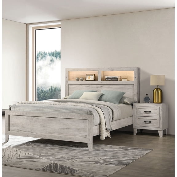 Simple Casual White Wash Functional Queen Size Bed 2x Nightstands 3pc Bedroom Set Wooden