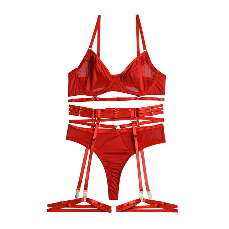 RQYYD Clearance Sexy Lingerie Set for Women with Underwire Strappy Lingerie  Push Up 3 Piece Lingerie Set with Garter(Red,S) 
