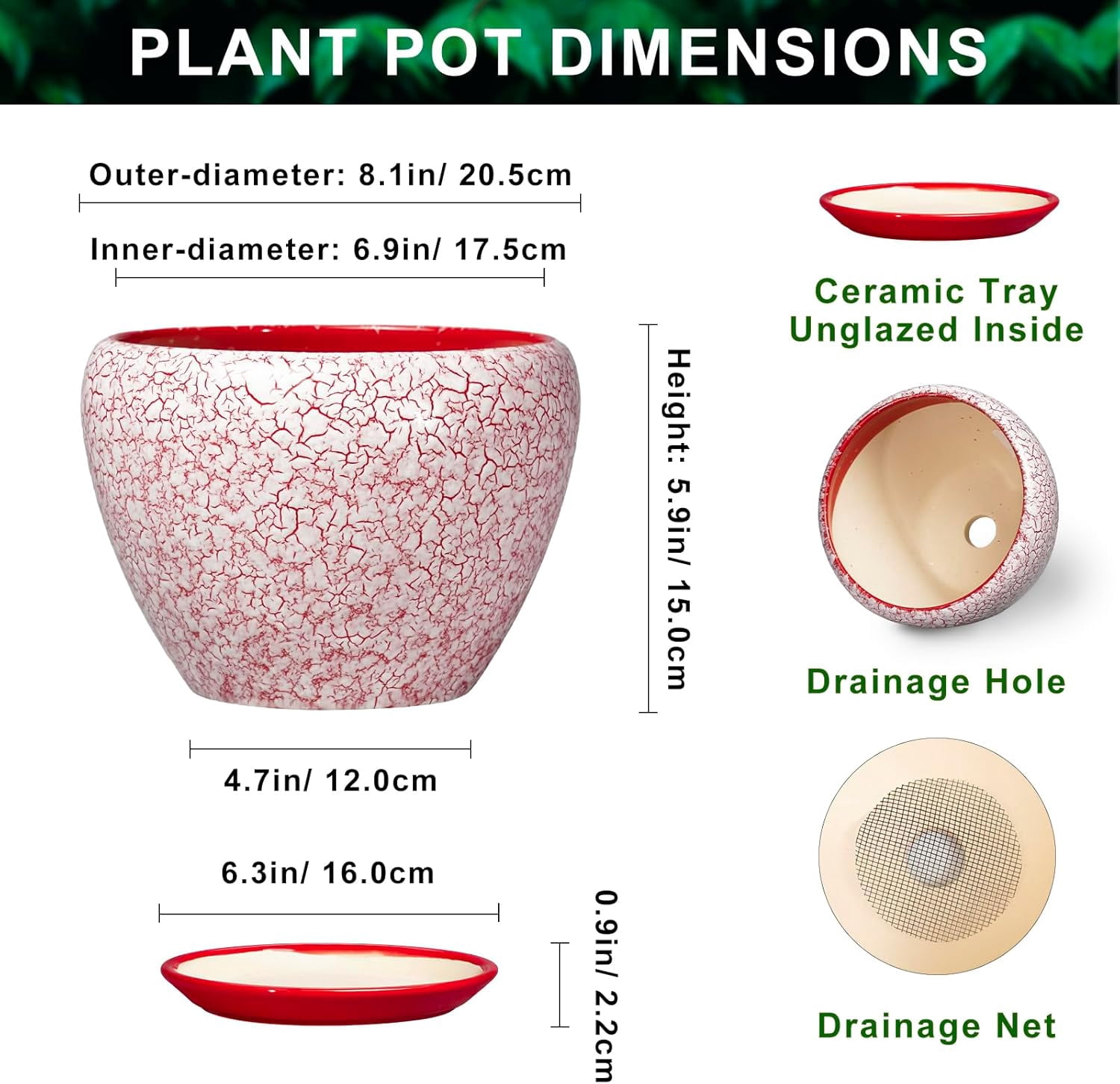 Ceramic Planter for Plants - 8 Inch Plant Pot Indoor with Drainage Hole and Tray, Round Flower Pots for Indoor Outdoor, Modern Planter, Home Decor, Gifts for Plant Lovers, Crackle Red