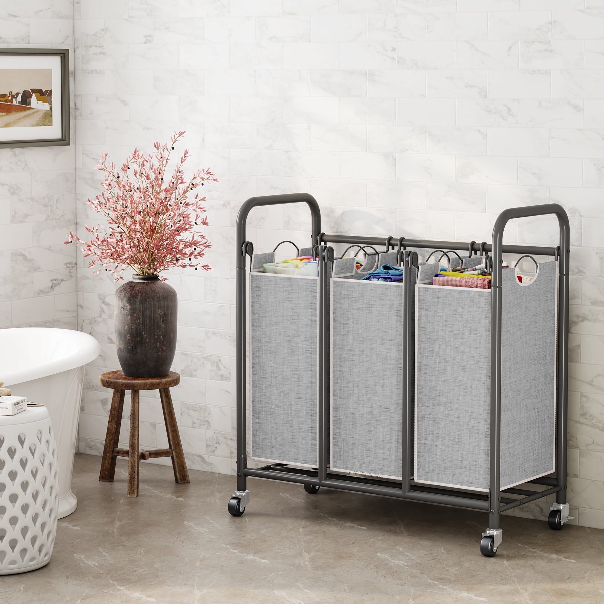 3-Bin Metal Laundry Hamper Cart with Wheels Laundry Sorter Organizer