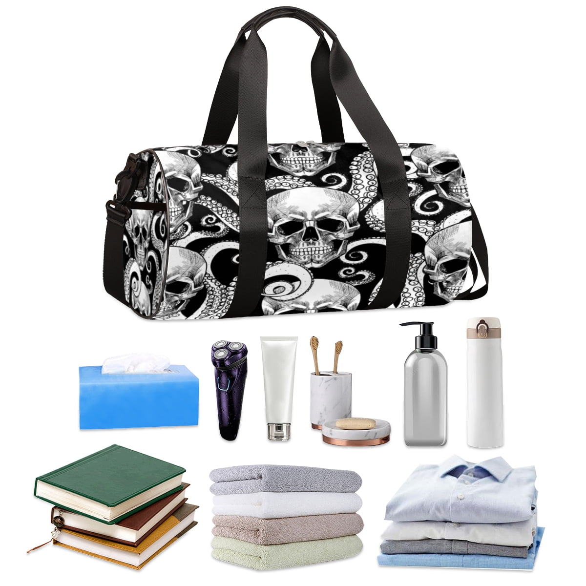 Octopus Skull Travel Sport Duffle Bag,Canvas Shoulder Tote Gym Bags for Overnight Weekender Dancing Yoga Gymnastics Ballet