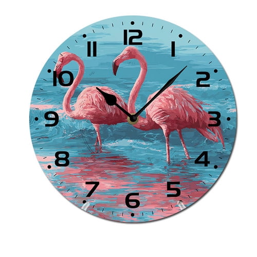 ZXCXRQFa Flamingo And Blue Sea Wooden Silent Non-Ticking 10 Inch Round Clocks Battery Operated Analog for Living Room Kitchen Bedroom Bathroom Office Home School Decor