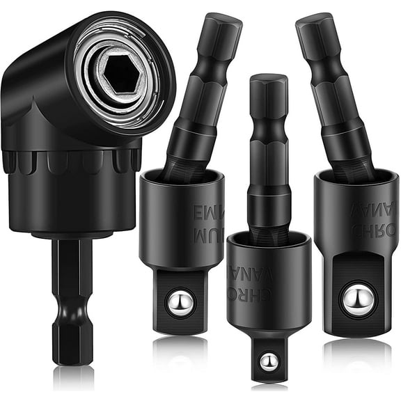 4 Pcs Impact Socket Adapter Set 90 Degree right angle Drill Attachment 360° Rotatable 1/4 3/8 1/2" Impact Grade Socket Adapter for Cordless & Screwdriver Power Drill & Driver(Black)