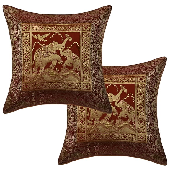 Stylo Culture Ethnic Chair Seat Throw Pillow Covers Floral 16x16 Jacquard Brown Square 40x40 cm Home Decor Brocade Elephant Zippered Cushion Covers | Set Of 2