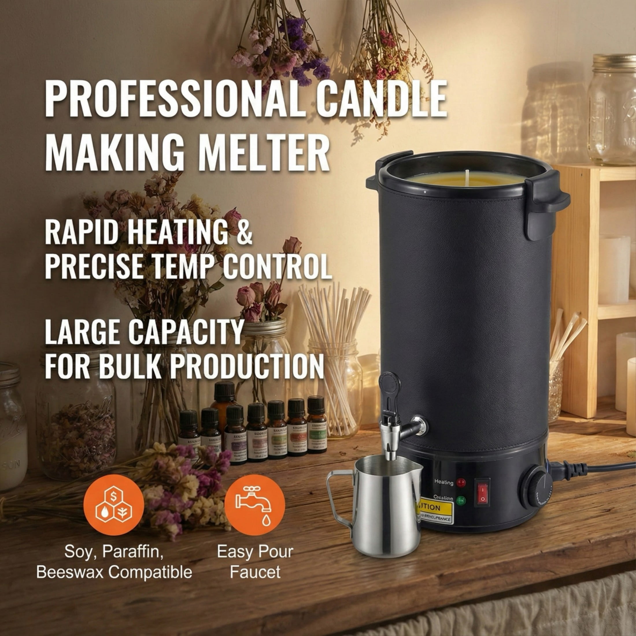 Large-Capacity Electric Wax Melting Pot, 10L with 9-Level Temperature Control & Pour Spout for Candle, Soap, Cream Business