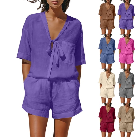 Women's 2 Piece Outfits Short Sleeve Lace up Shirts Top High Waist Shorts Set Tracksuit Wine XL(XL)