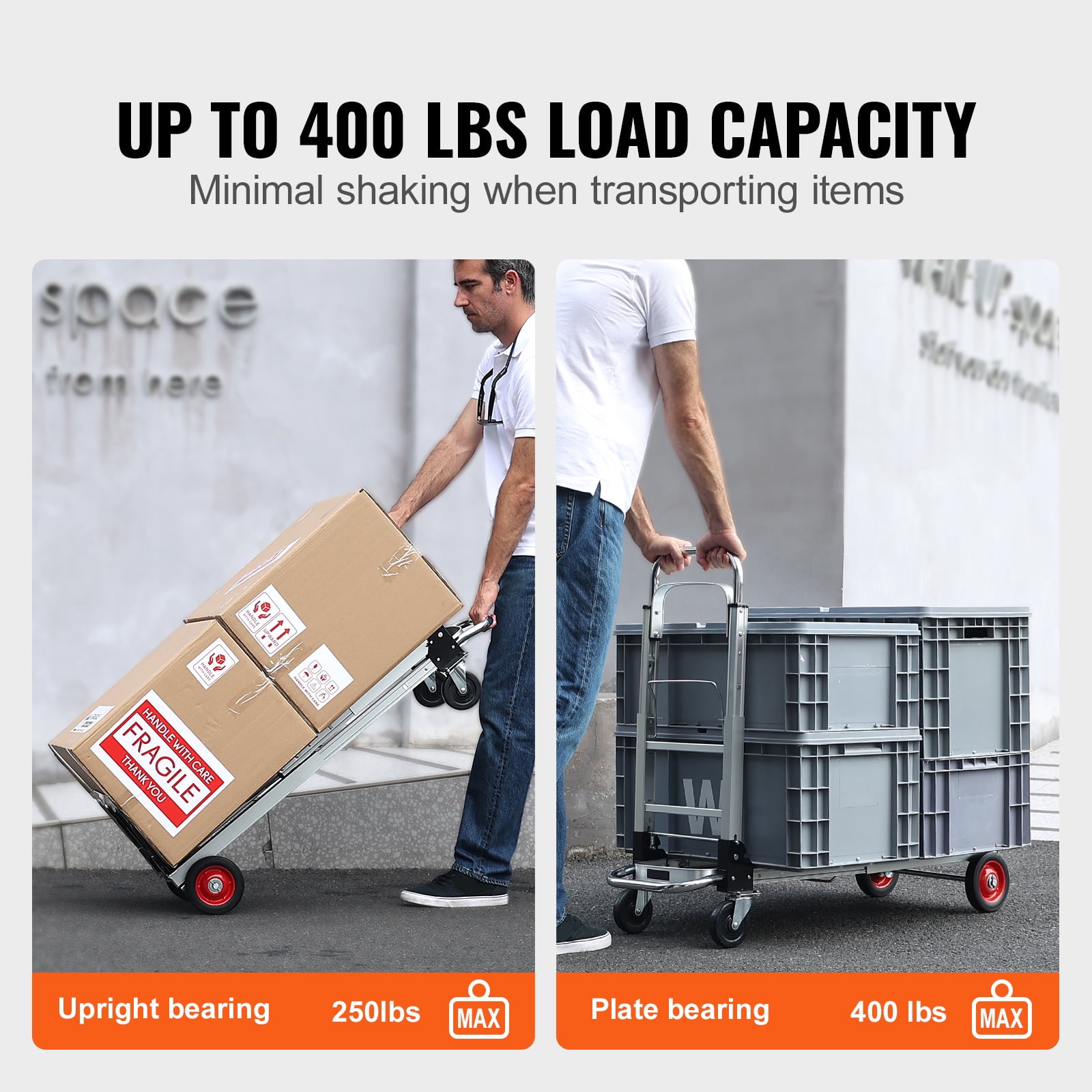 KFFKFF Aluminum Convertible Hand Truck, Dual-Function 400 lbs Load, Sturdy Foldable Utility Cart, Dolly with Rubber Wheels for Warehouse, Supermarket, and Garden Hauling