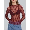 thumbnail image 5 of AIGUR Women Long Sleeve T-Shirts Polyester Mesh See-Through Mock Neck Lace Shirts Spring Fall Slim Fit Tops Streetwear, 5 of 9
