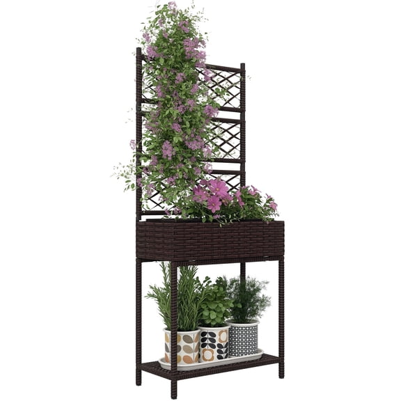Raised Garden Bed with Trellis & Storage Shelf - Outdoor Wicker Planter Box, Steel Frame, PE Rattan - Brown, 21.7"L x 10.2"W x 52.4"H
