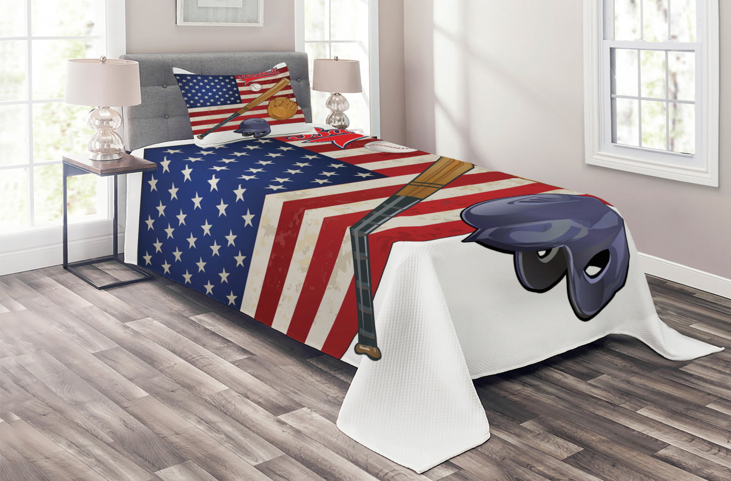 American Quilted Coverlet & Pillow Shams Set USA Flag and Baseball Print 