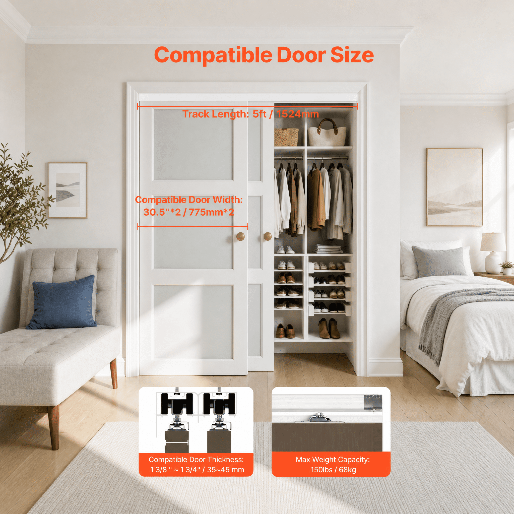 5ft Bypass Sliding Door Hardware Kit, 150 lbs Capacity, 3-Wheel Hangers, Aluminum Alloy, for Closet Doors Storage