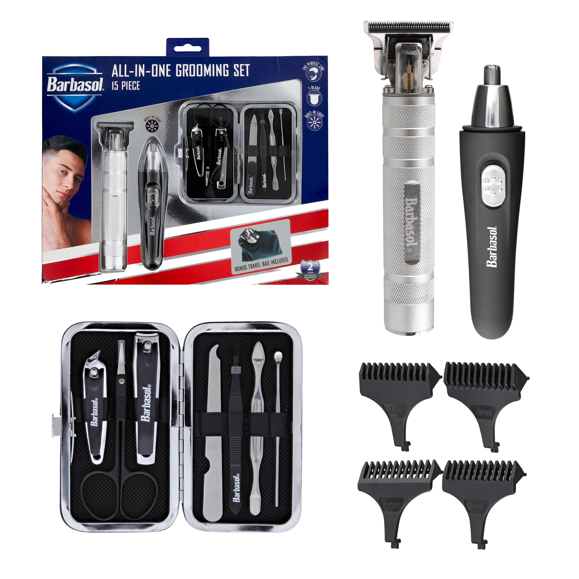 Barbasol All-in-One Grooming Set for Men, 15-Piece Travel Grooming Kit with T-Blade Trimmer, Ear and Nose Hair Trimmer, 4 Guide Combs, Manicure Tools and Travel Bag