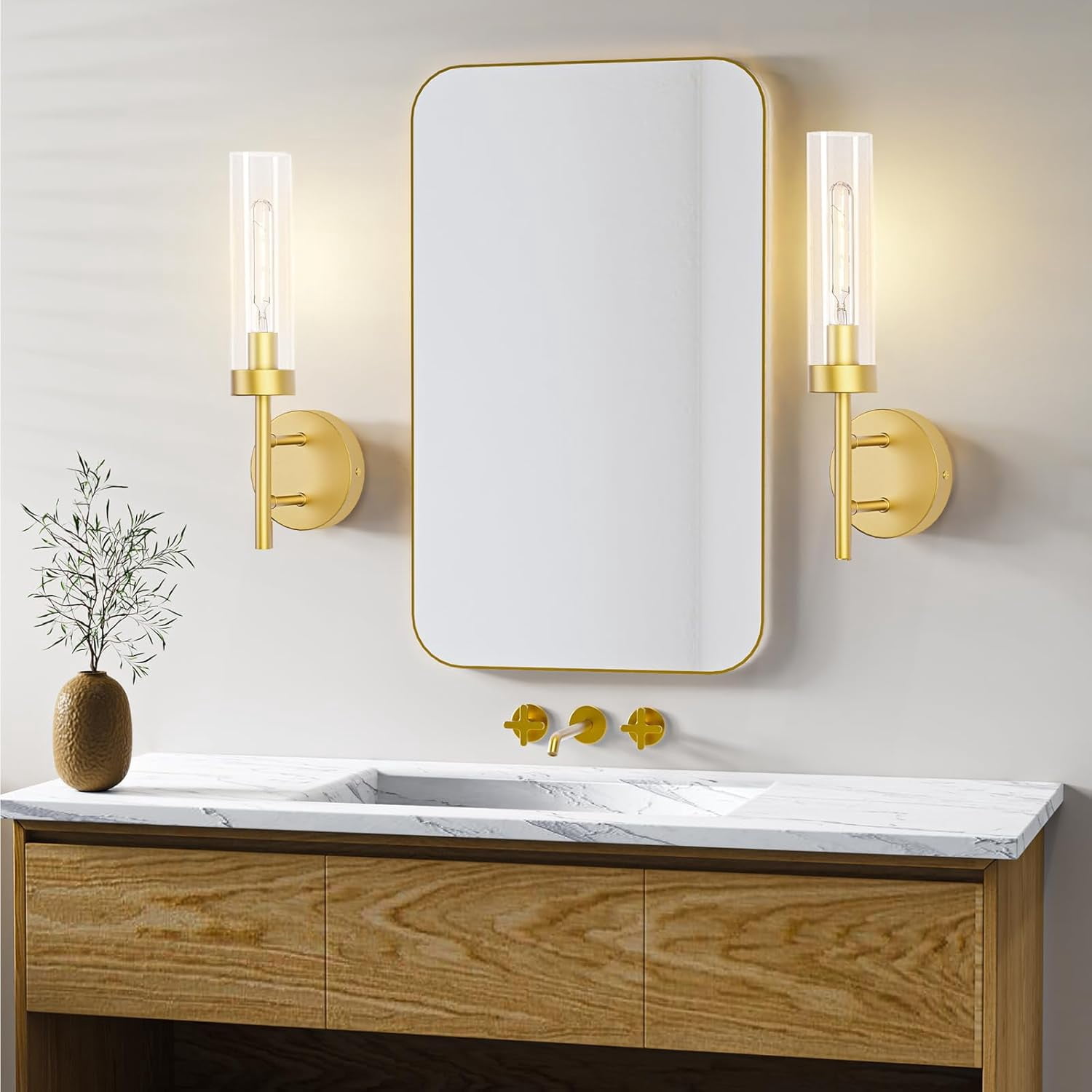 2-Pack Modern Gold Wall Sconces, Hardwired Dimmable Vanity Light Fixture w/ Clear Glass Shade | Indoor E26 Lights for Bathroom, Bedroom & Living Room Accent Decor