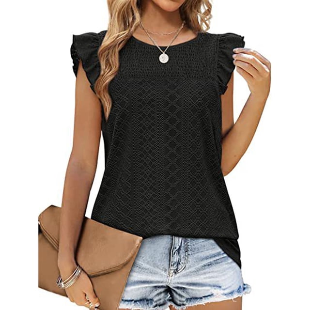 Mujeres ruffle manga Top redondo Masajeadores de cuello elegante transpirable verano camiseta blusa para el desgaste diario