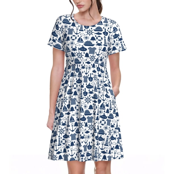 Easygdp Seaside Primary Color para Vestido Transpirable de Mujer, Vestido Suelto de Manga Corta con Pliegues y Bolsillos para el Verano