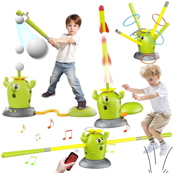 KNMDU 4-in-1 Remote Control Cactus Toy Set - Musical Bouncing Game with Ring Toss, Baseball, and Stomp Rocket Launcher, outdoor toy for kid age 4 8, Active Play Indoors and Outdoors for Ages 3 and Up