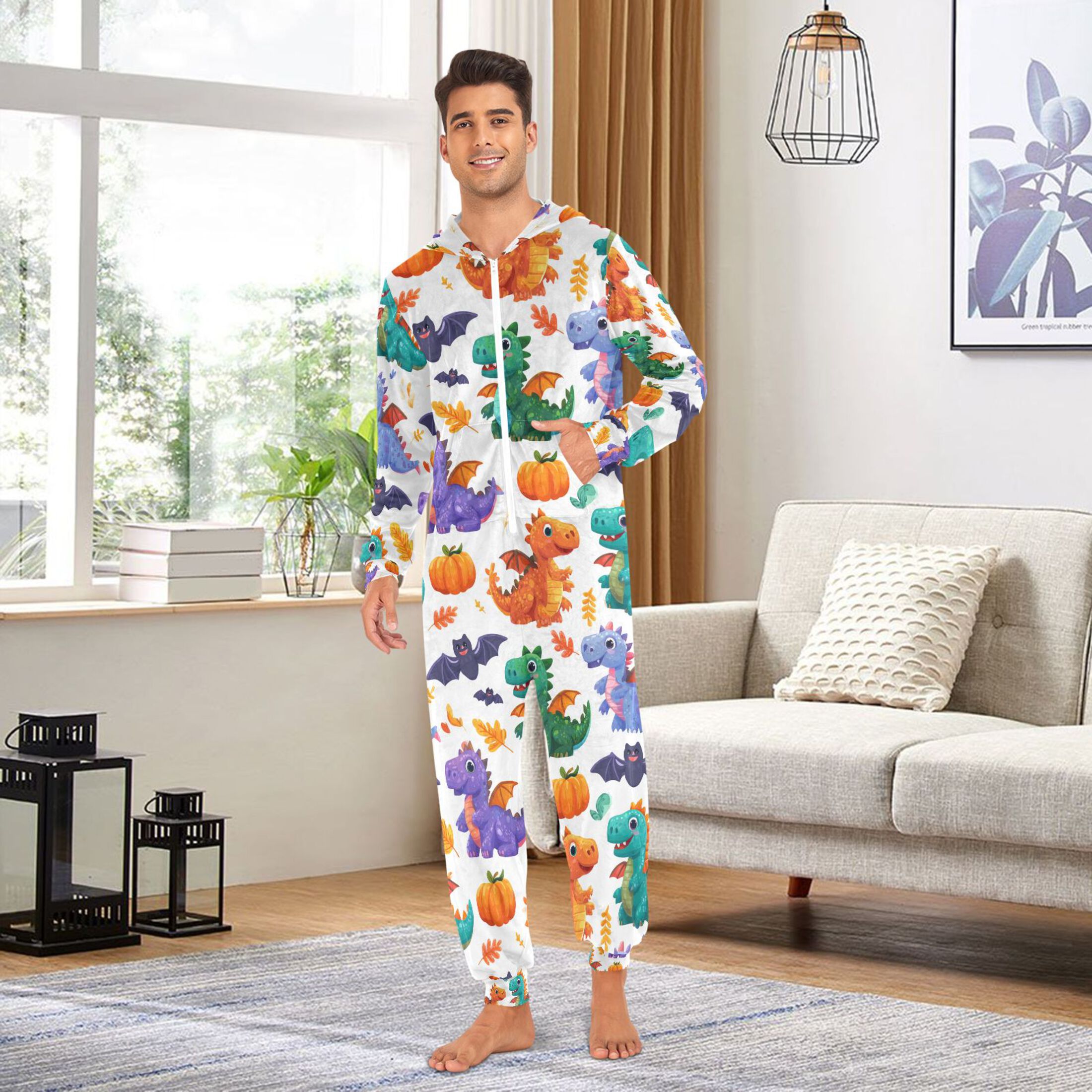 Adult Christmas Onesie Cute Cartoon Dinosaur Adult Zipper One-Piece Pajamas Unisex Pajamas with Pockets