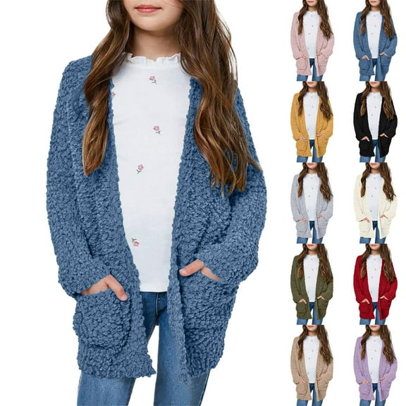 Girls Sherpa Fleece Jackets Casual Fuzzy Open Front Long Sleeve Coat Kids Loose Winter Warm Outwear With Pockets 5-14 Years