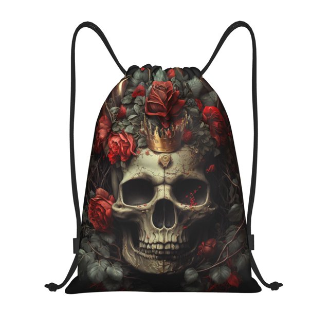 Saiise Classical Rose Crown Skull Pattern Sports Drawstring Backpack - String Swim Gym Bag with Wet Proof Pocket for Women&Men-Medium