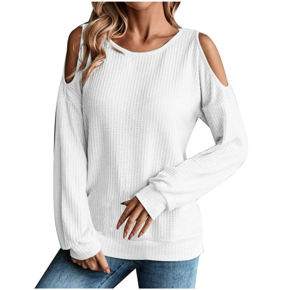 ShomPort Women's Fall Long Sleeve Cold Shoulder Shirt Crewneck Casual Loose Pullover Tops