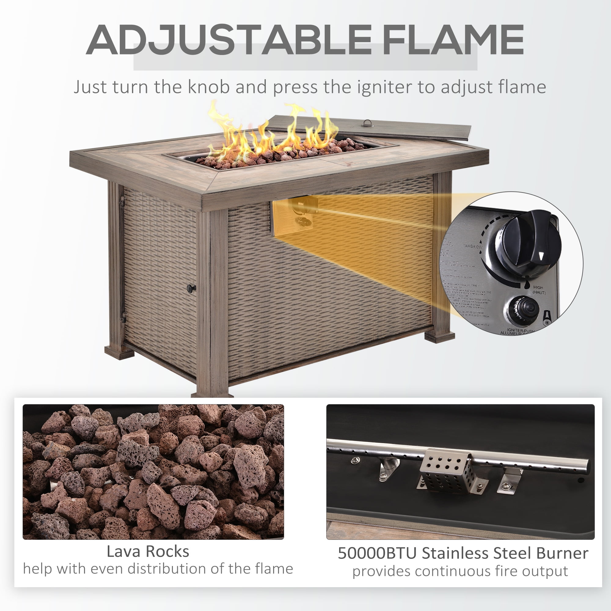 Aimee Lii 50,000 BTU Auto-Ignition Gas Fireplace Fire Pits, 42" Propane Fire Pit Table with Ceramic Tabletop, Steel Base, Lid, Lava Rocks and Cover, Gray