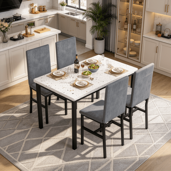 LinkRomat Dining Table Set for 4, Faux Marble Tabletop with Upholstered Chairs, Modern Set for Kitchen & Small Spaces, Gray