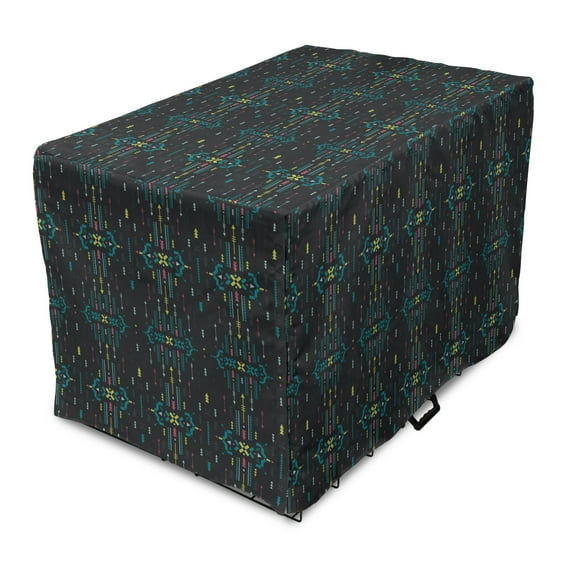 Tribal Dog Crate Cover, Prehistoric Bohemian Geometric Pattern Quirky Motif on Dark Backdrop, Easy to Use Pet Kennel Cover Small Dogs Puppies Kittens, 7 Sizes, Dark Blue Grey Multicolor, by Ambesonne
