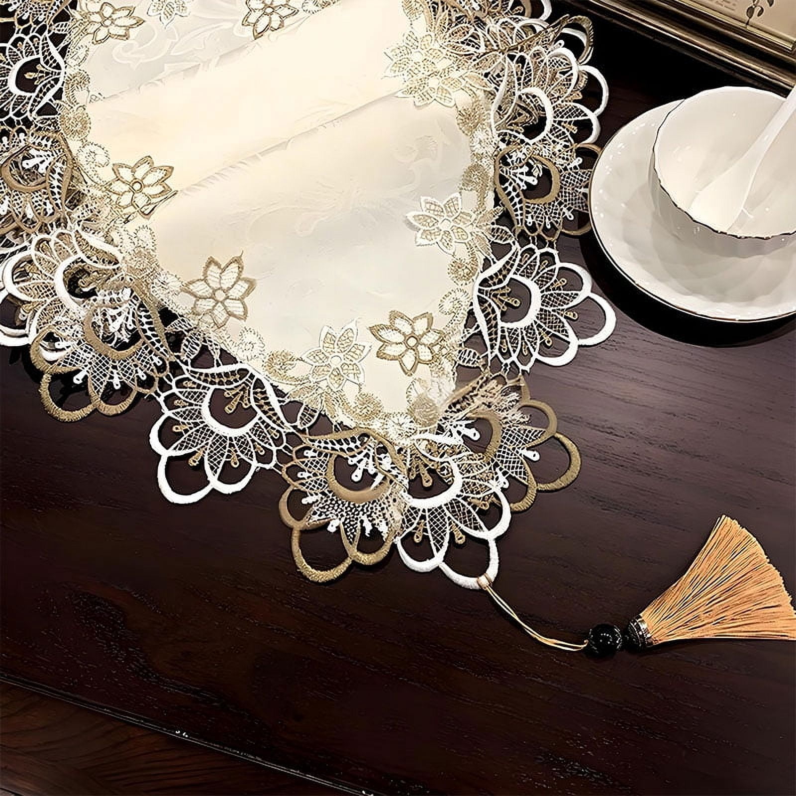 American Style Table Runner -  Lace Embroidered Rectangular Cover for Coffee Table, TV Stand & Dresser, Dustproof European Linen Tablecloth