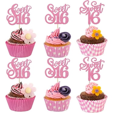 10pcs 16th Birthday Cupcake Toppers Glitter Sweet 16 Sixteen Years Old Cupcake Picks Cake Decoration for Kids, Wedding, Anniversary Party Decorations Pink
