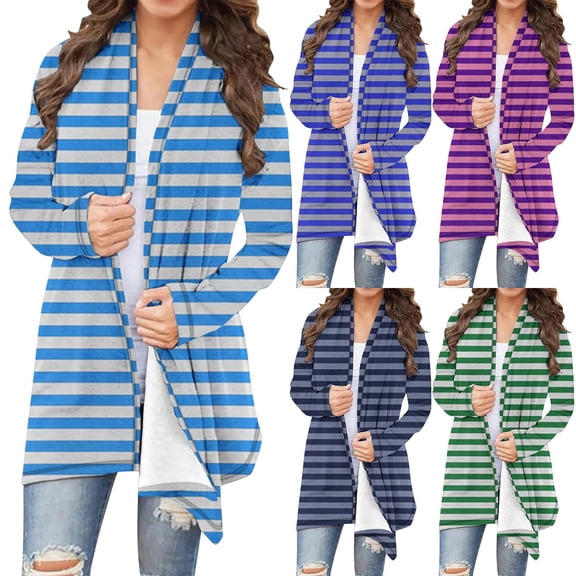 yillto Women Plus Size Cardigan Striped Lightweight Open Front Baggy Long Sleeve Soft Coat S-5XL