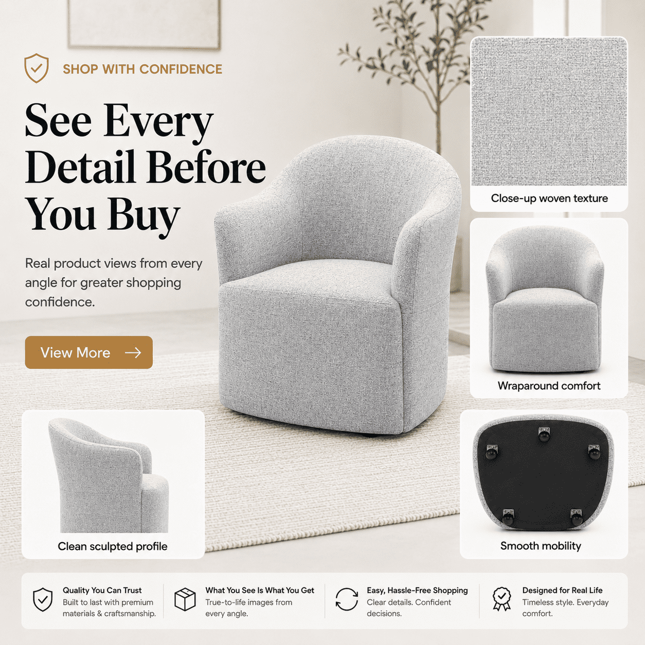 Aenkyo Dining Chair with Casters, Upholstered Barrel Back Rolling Accent Chair, Feather Gray