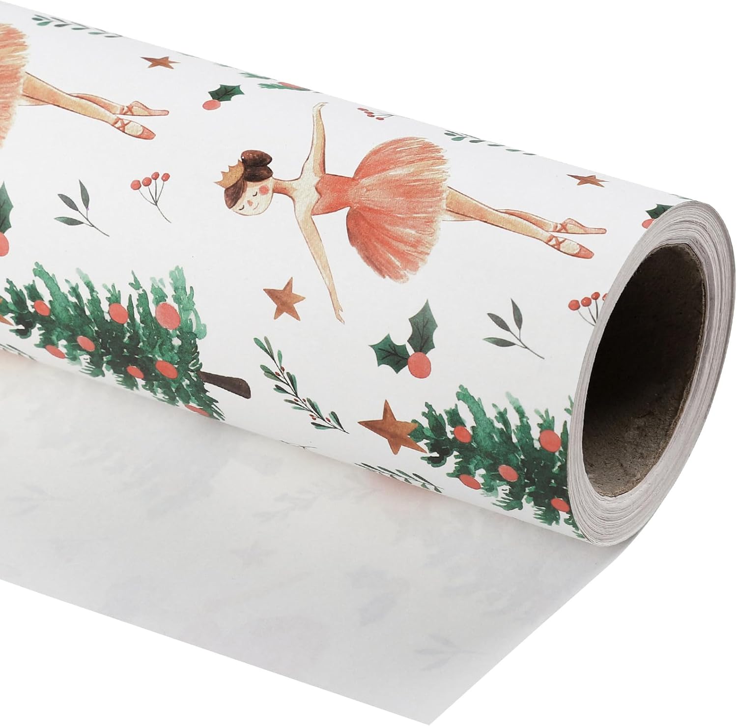 Kraft Christmas Wrapping Paper - Mini Roll - 17 Inch x 33 Feet - Sugar Plum Fairy Wrapping Paper with Christmas Tree Design for Holiday, Party Celebration