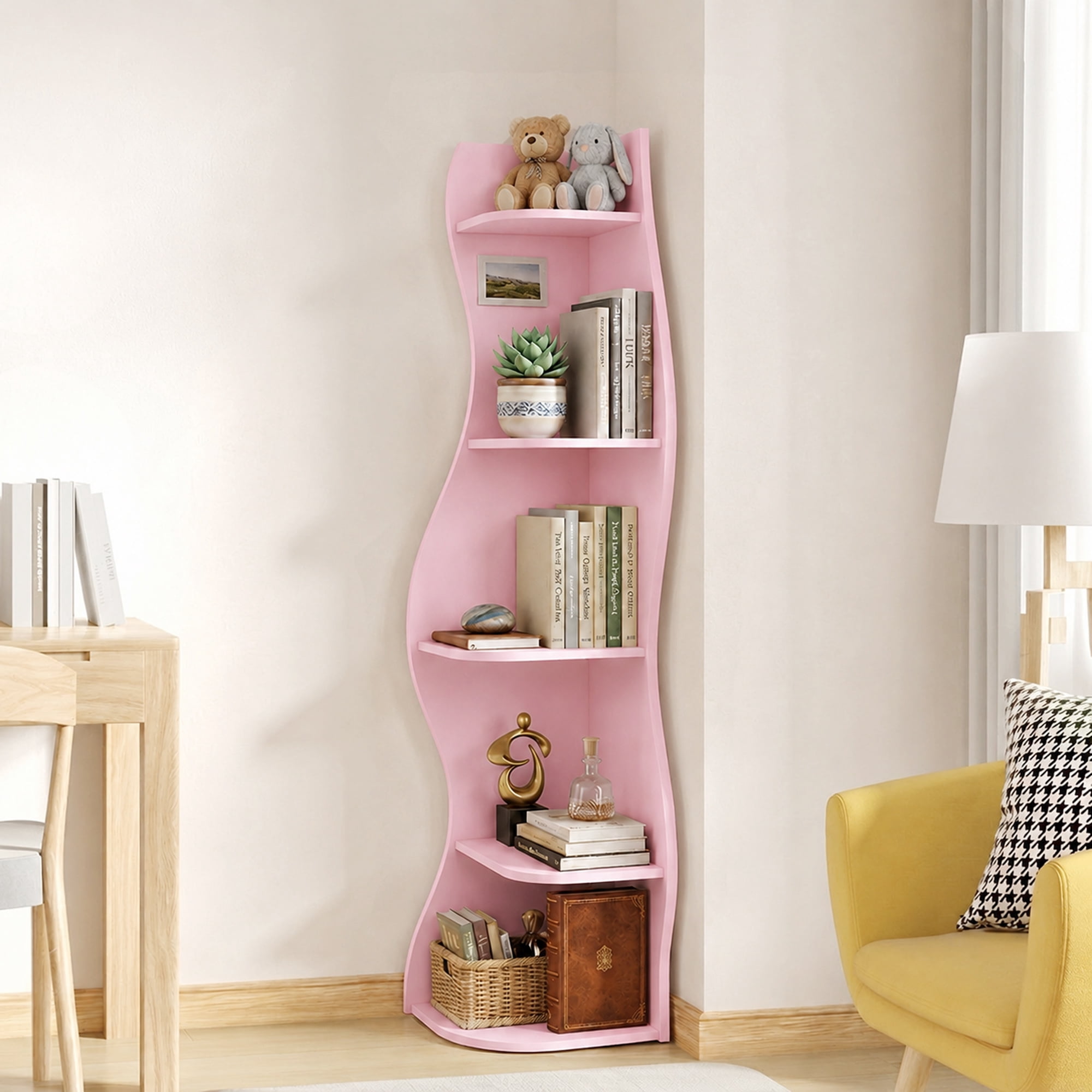 Leumius 5-Tier Bookshelf,Freestanding S-Shaped Corner Shelf Curved Display Rack,Space-Saving Corner Display Bookshelf/Plant Stand for Living Room Home Office,Pink