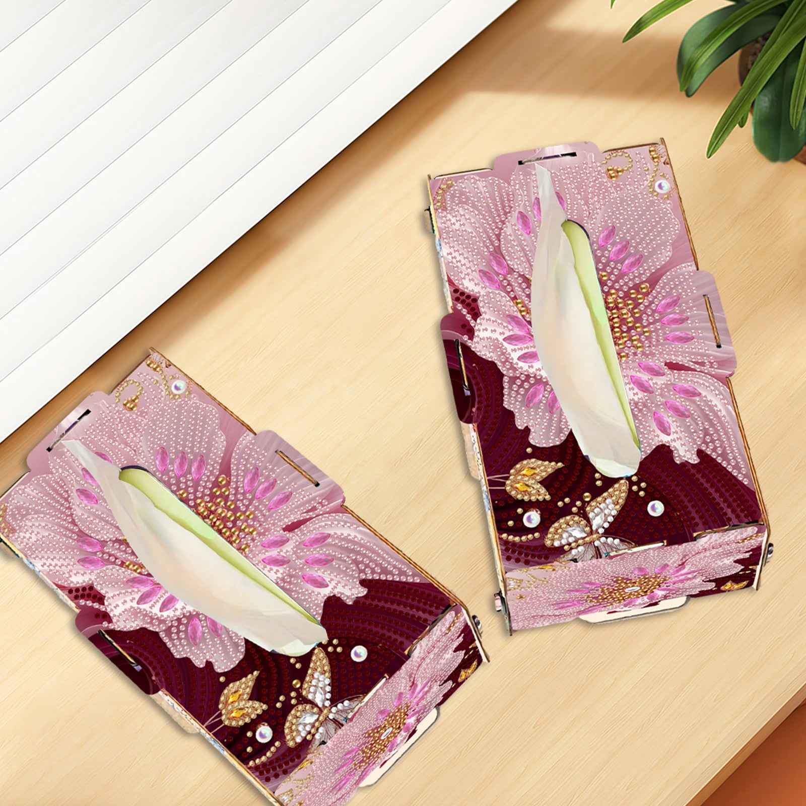 FLOPESN DIY Diamond Art Painting Flower Tissue Box – Wooden Storage Box with Crystal & Pearl Diamonds, Decor Craft Kit for Bedroom, Living Room (8.86 x 5.31 x 4.13 in)