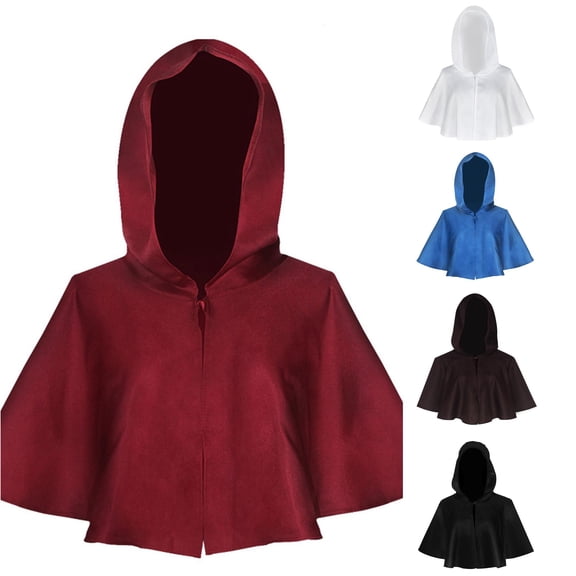 Rggeeun Adults Cape Solid Color Hooded Short Sleeve Cropped Open Front Smooth Lightweight for Halloween Indoor Activities Fashion Capes,Red,One Size