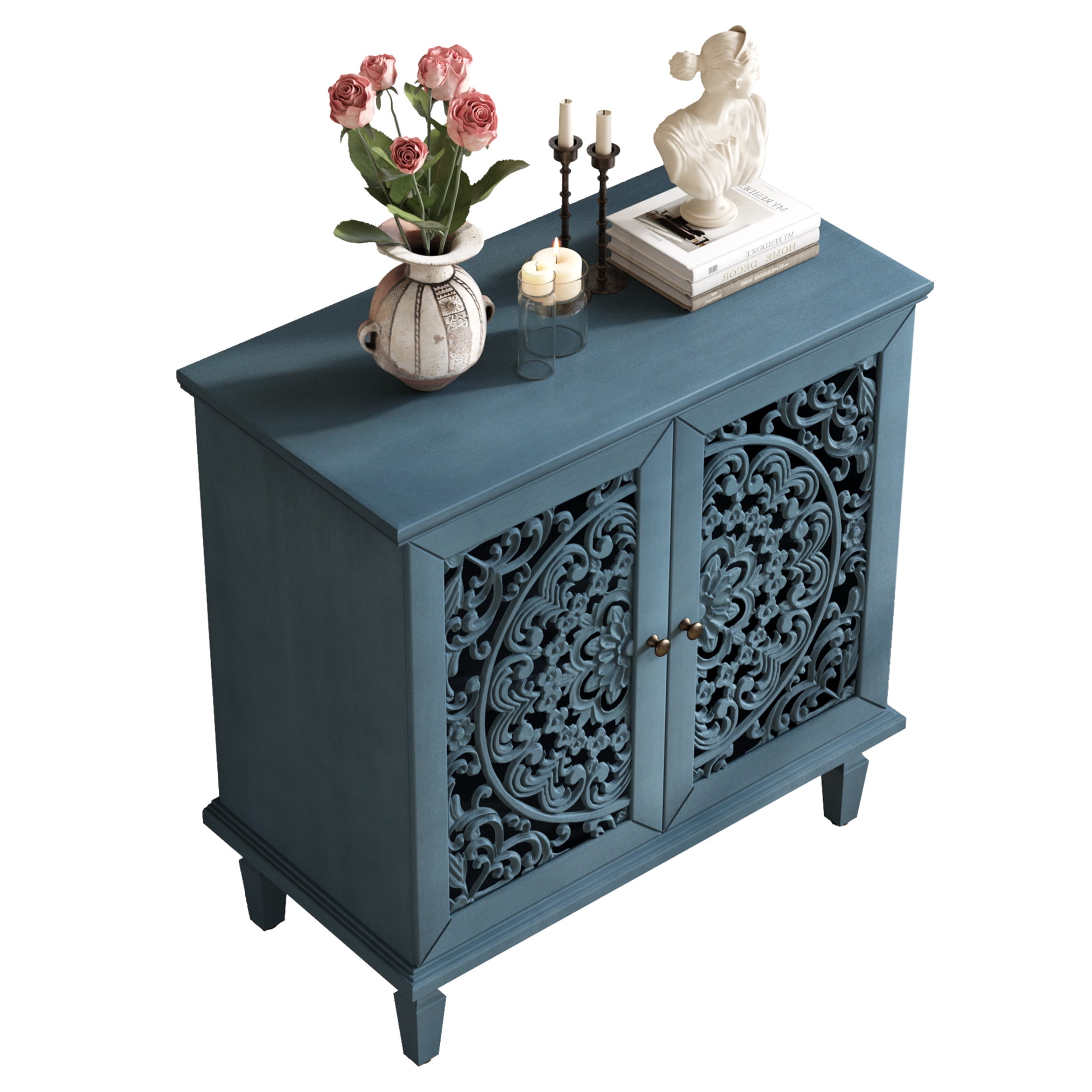 Noble house Vintage Hollow-Carved Accent Cabinet, 2-Door Sideboard, Adjustable Shelf & Solid Wood Legs,Antique Blue