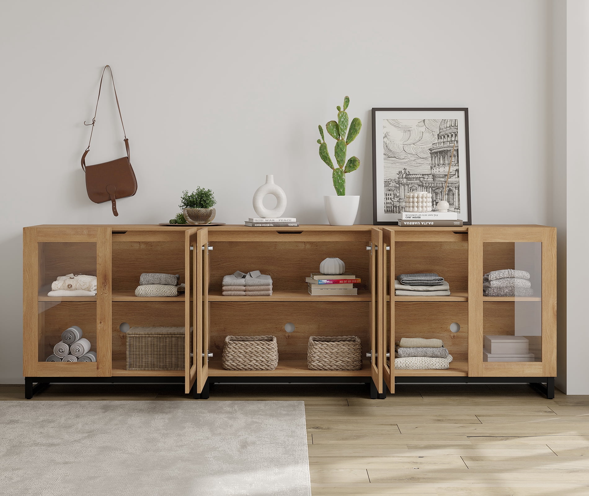 WAMPAT 3 in 1 Multifunctional Sideboard Buffet Cabinets with 6 Glass Doors, Modern Sideboard Credenza with Adjustable Shelf, Coffee Bar Storage Cabinet for Living Room, Kitchen, Oak